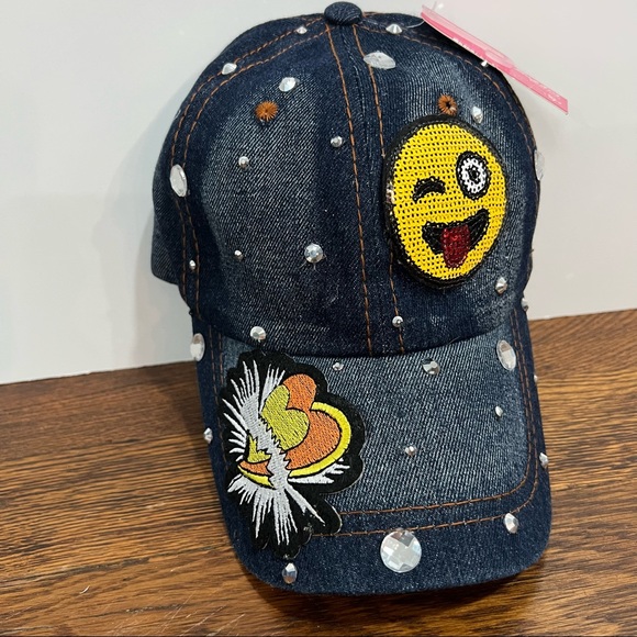Blingy Denim Baseball Cap Rhinestones, Embroidery Smiley Face Sophia Collection - Picture 2 of 9